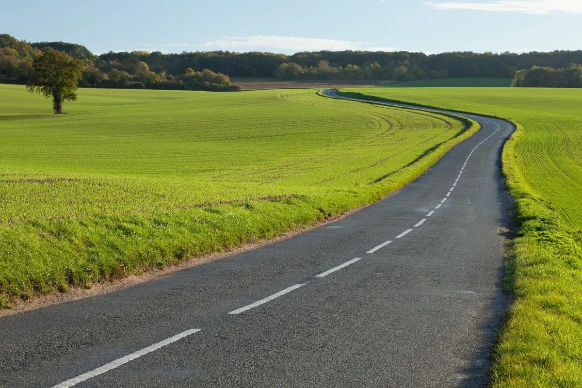 Route de campagne sinueuse traversant des champs verts sous un ciel dégagé